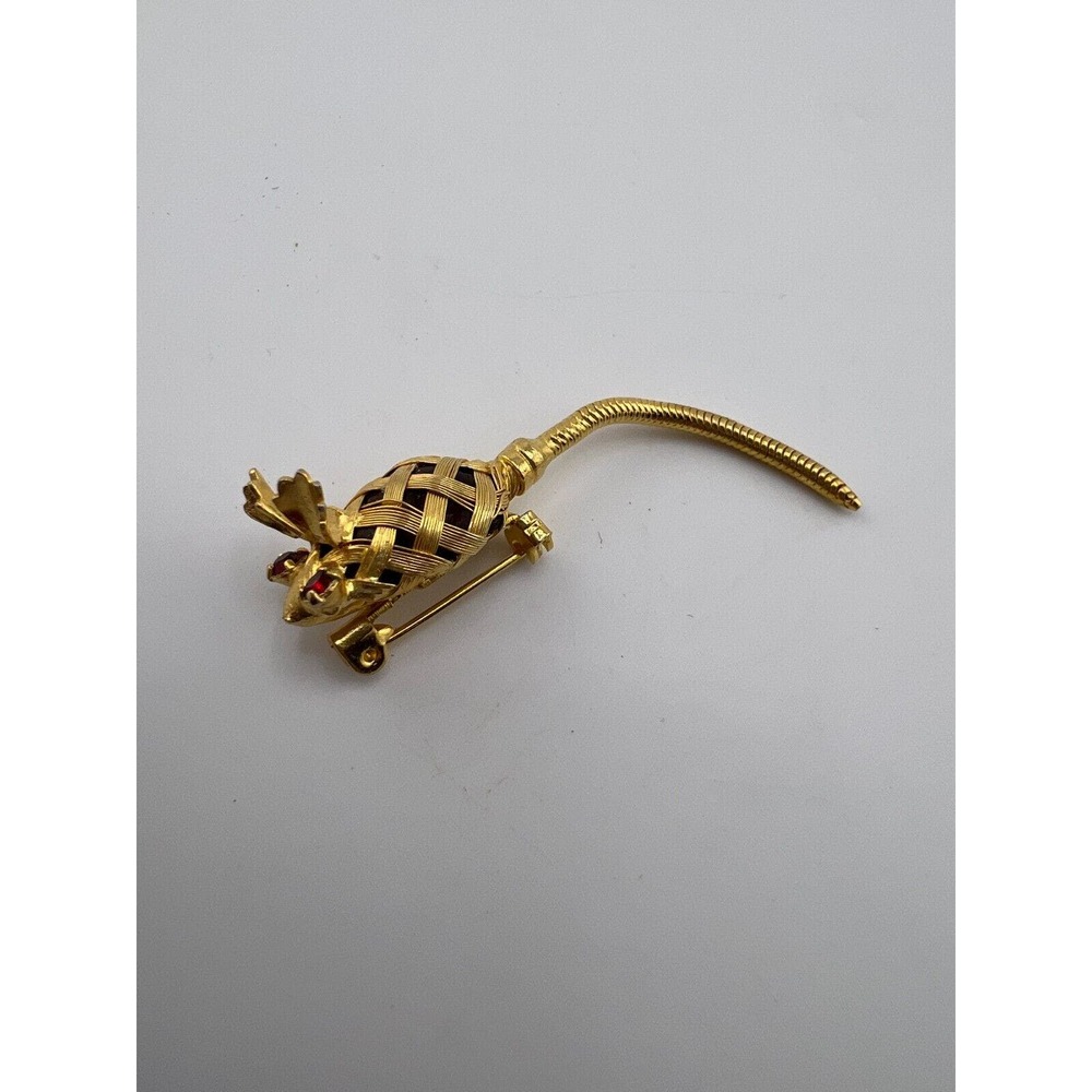 Vintage Gold Mouse Wire Wrapped Red Glass Brooch Pin